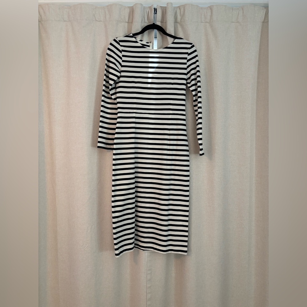 Jcrew, long sleeve black and white striped dress.